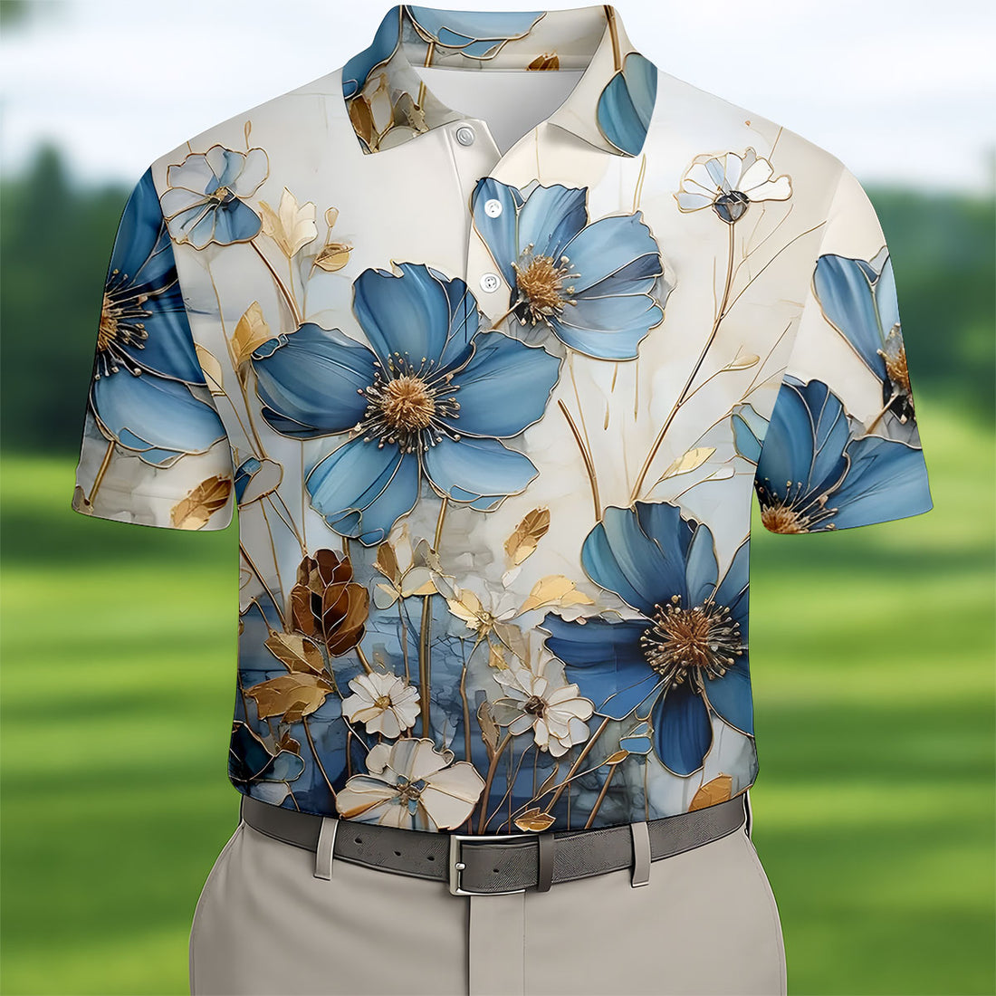 Blue And Gold Botanical Floral Hawaiian Golf Shirt, Men's Golf Shirt, Polo Shirts For Men