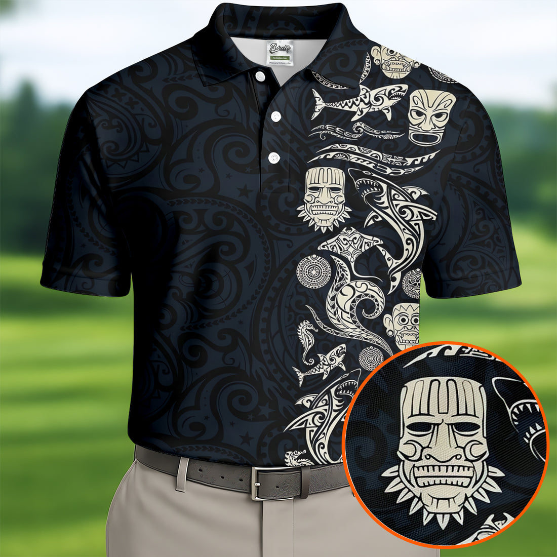 Tribal Sharks And Maori Ocean Tattoo Pattern Hawaiian Golf Polo, Golf Tops For Men, Golfing Apparel