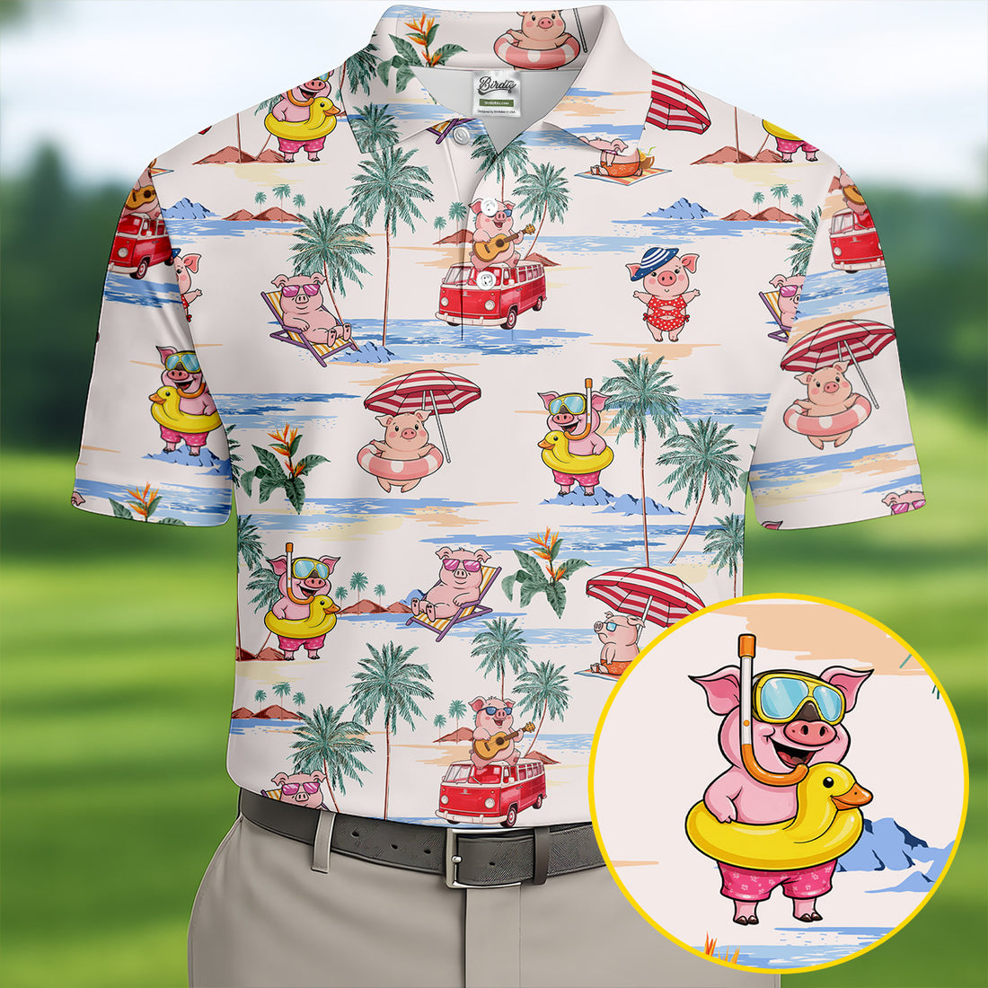 Cute Pig Beach Adventure Hawaiian Golf Polo, Golf Tops For Men, Golfing Apparel