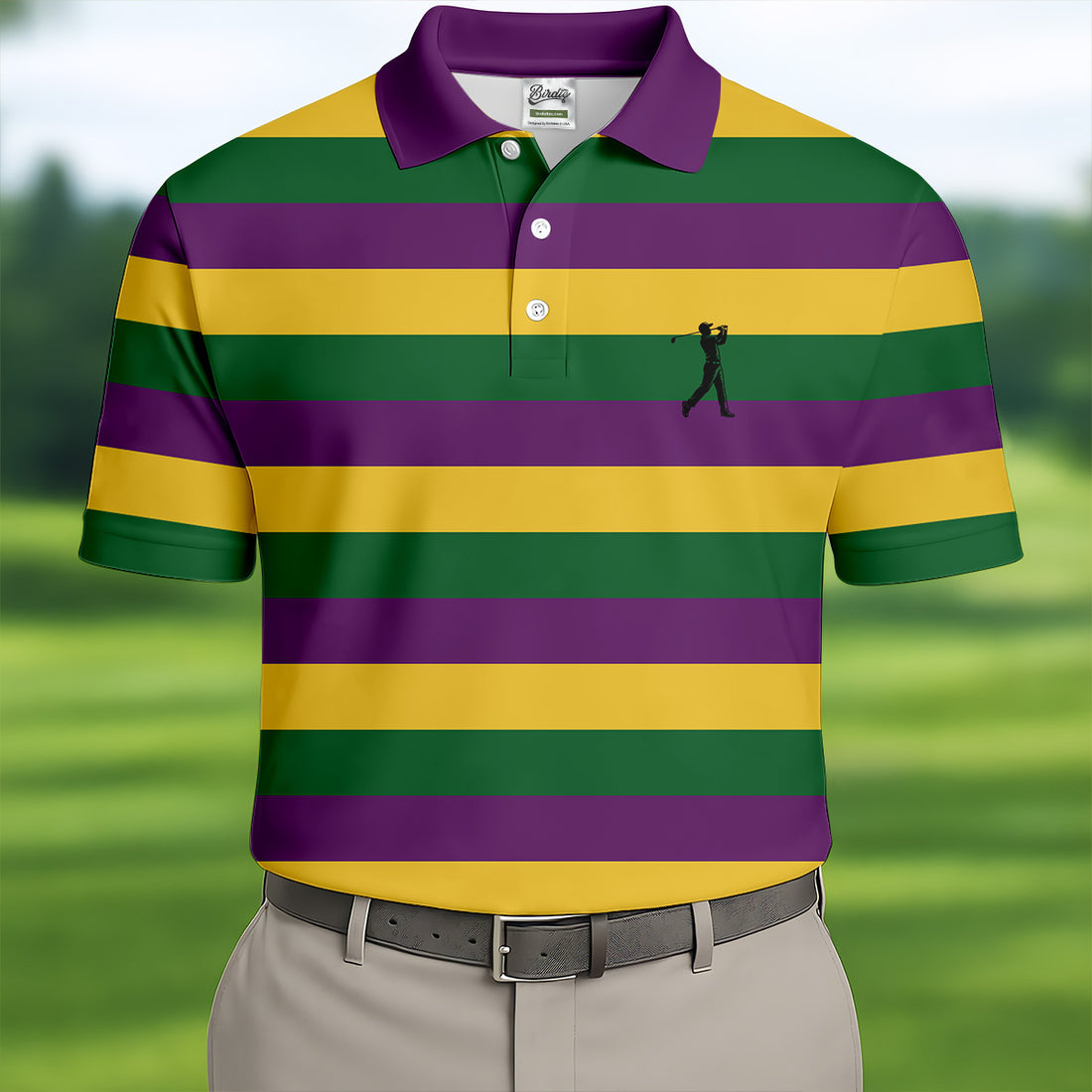 Gold Purple Green Mardi Gras Stripe Pattern Men's Golf Polo Shirts, Golf Gift For Men, Golf Shirts For Men