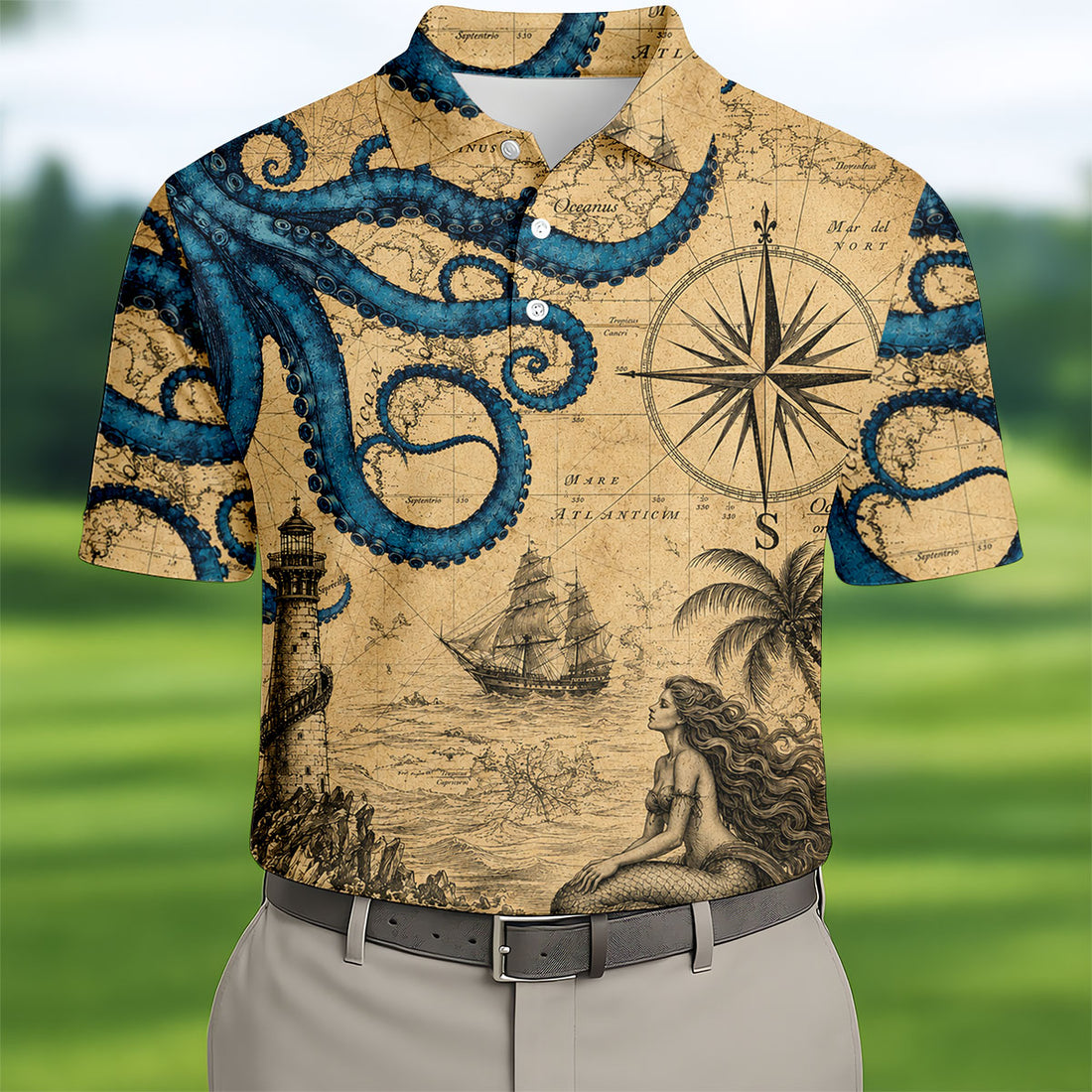 Mermaid Princess Vintage Nautical Hawaiian Golf Shirt, Men's Golf Shirt, Polo Shirts For Men