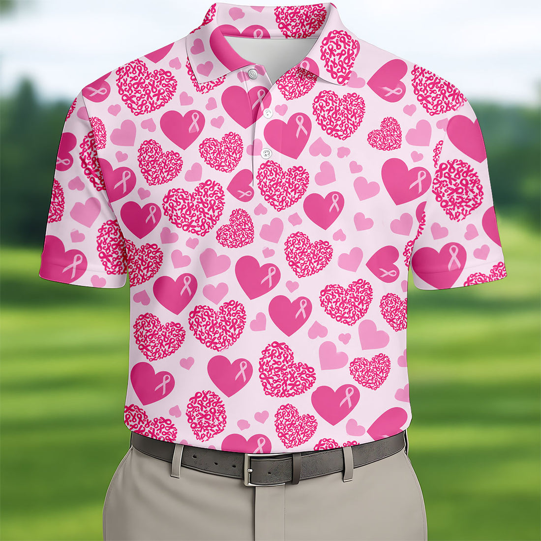 Pink Ribbon Heart Pattern Breast Cancer Polo Shirt, Golf Shirts For Men, Mens Golf Apparel