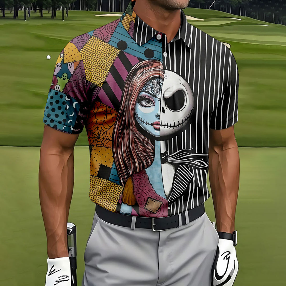 Half Sally And Jack Horror Character Halloween Polo Shirt, Men's Golf Shirt, Printed Golf Shirts