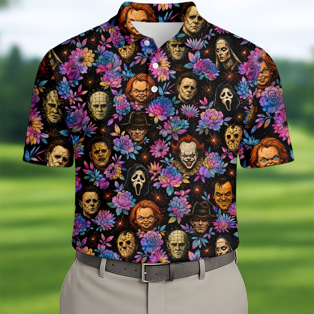 Floral Horror Character Halloween Golf Shirt, Golf Shirts For Men, Mens Golf Apparel