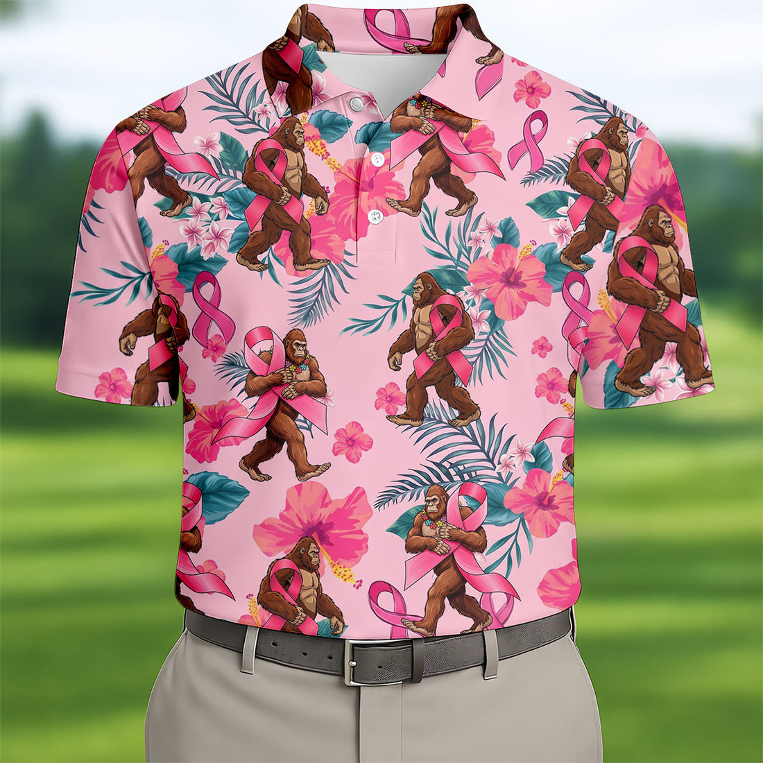 Bigfoot Pink Ribbon Floral Breast Cancer Polo Shirt, Mens Golf Polo, Mens Golf Shirts