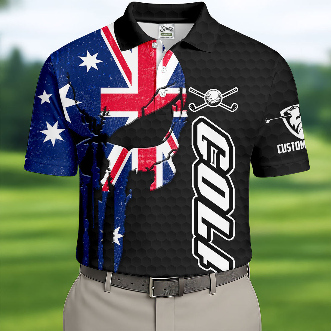 Cool Skull Golf Ball Pattern Australia Flag Print Black Golf Shirt, Polo Shirts For Men