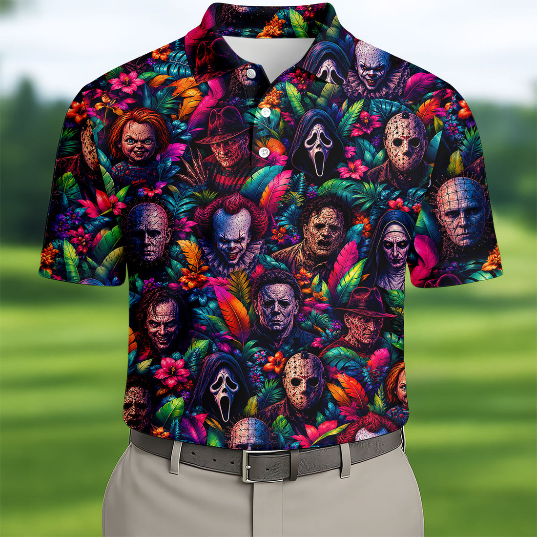 Tropical Horror Character Halloween Golf Shirt, Golf Shirts For Men, Mens Golf Apparel