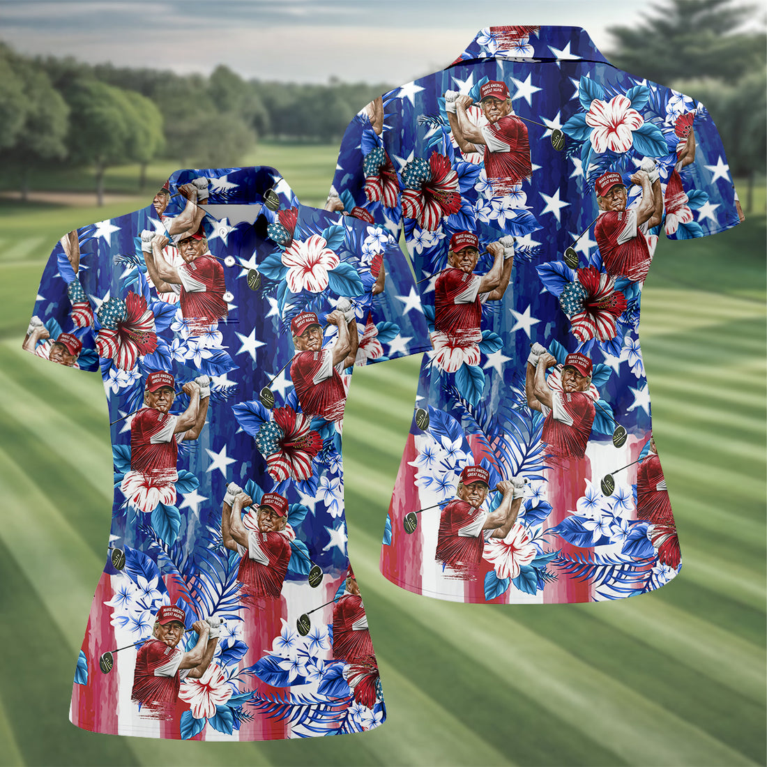 Tropical Floral Pattern Patriotic Golf Shirt, Trump Women Golf Top, Red White Blue Ladies Golf Shirts