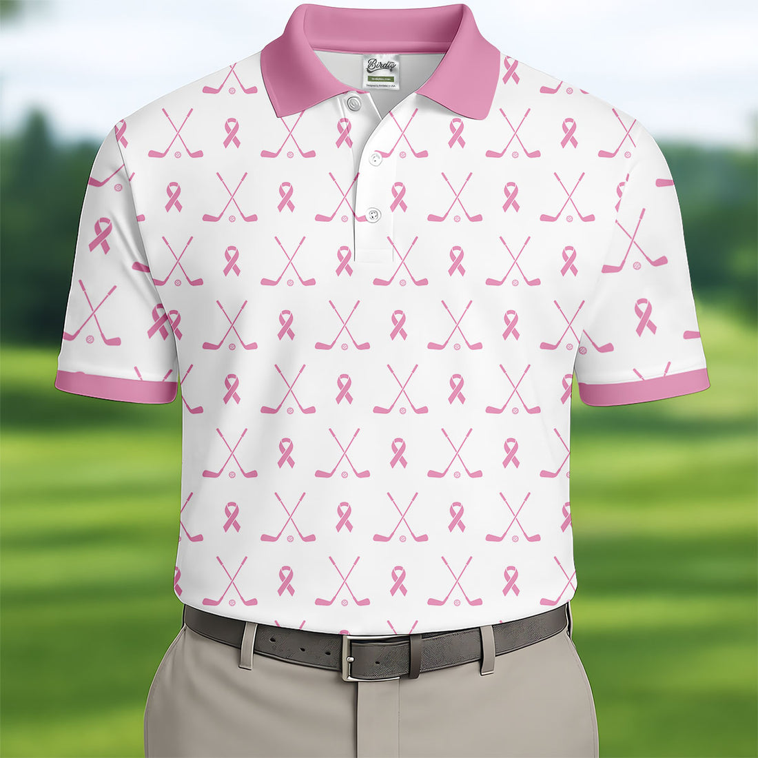 Pink Ribbon Golf Clubs Breast Cancer Polo Shirt, Golf Shirts For Men, Mens Golf Apparel