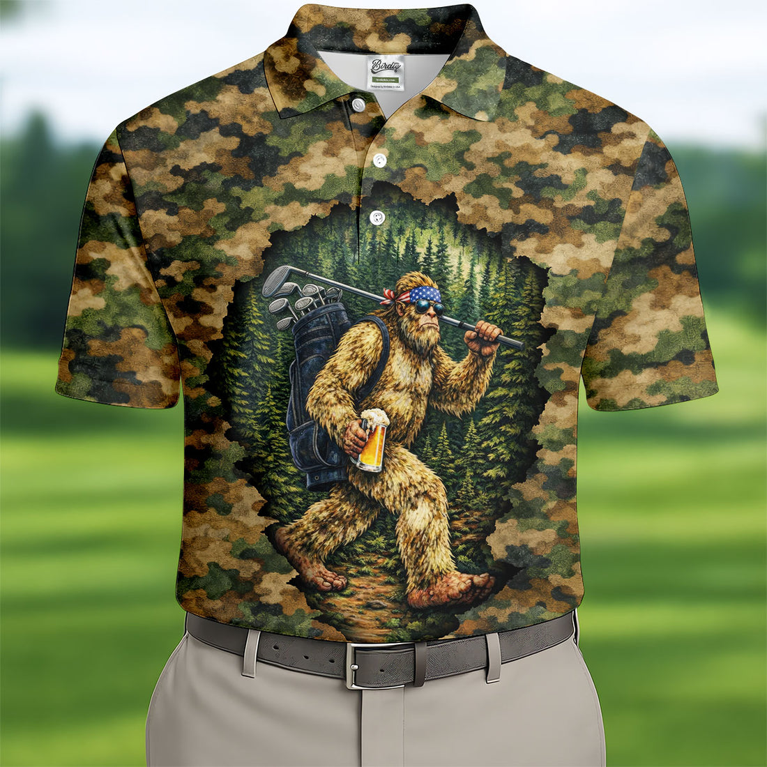 Camo Bigfoot Golfer Drinking Beer Polo Shirt, Mens Golf Shirts, Golf Apparel For Men
