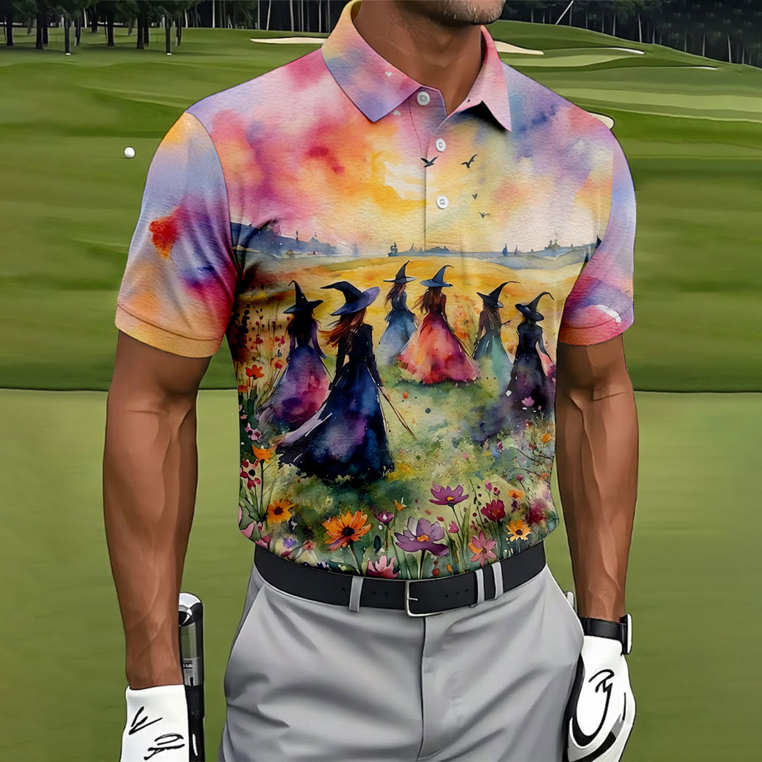 Watercolor Witch Gathering Halloween Golf Polo Shirt, Printed Golf Shirts, Golf Polo Shirts For Men