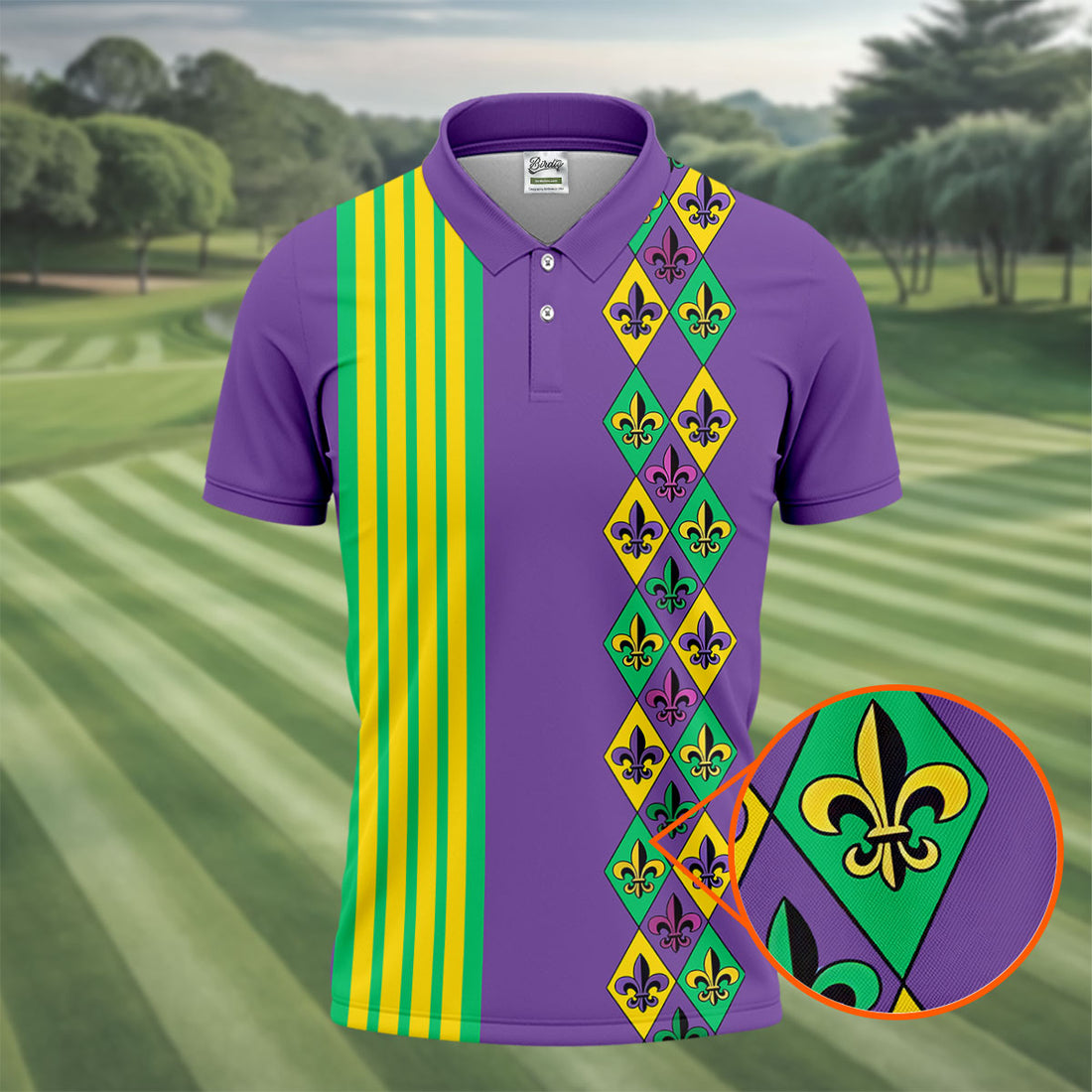 Fleur De Lis Argyle Pattern Purple Green Gold Stripes Golf Tops For Men, Polo Shirts For Men, Golf Shirts For Men