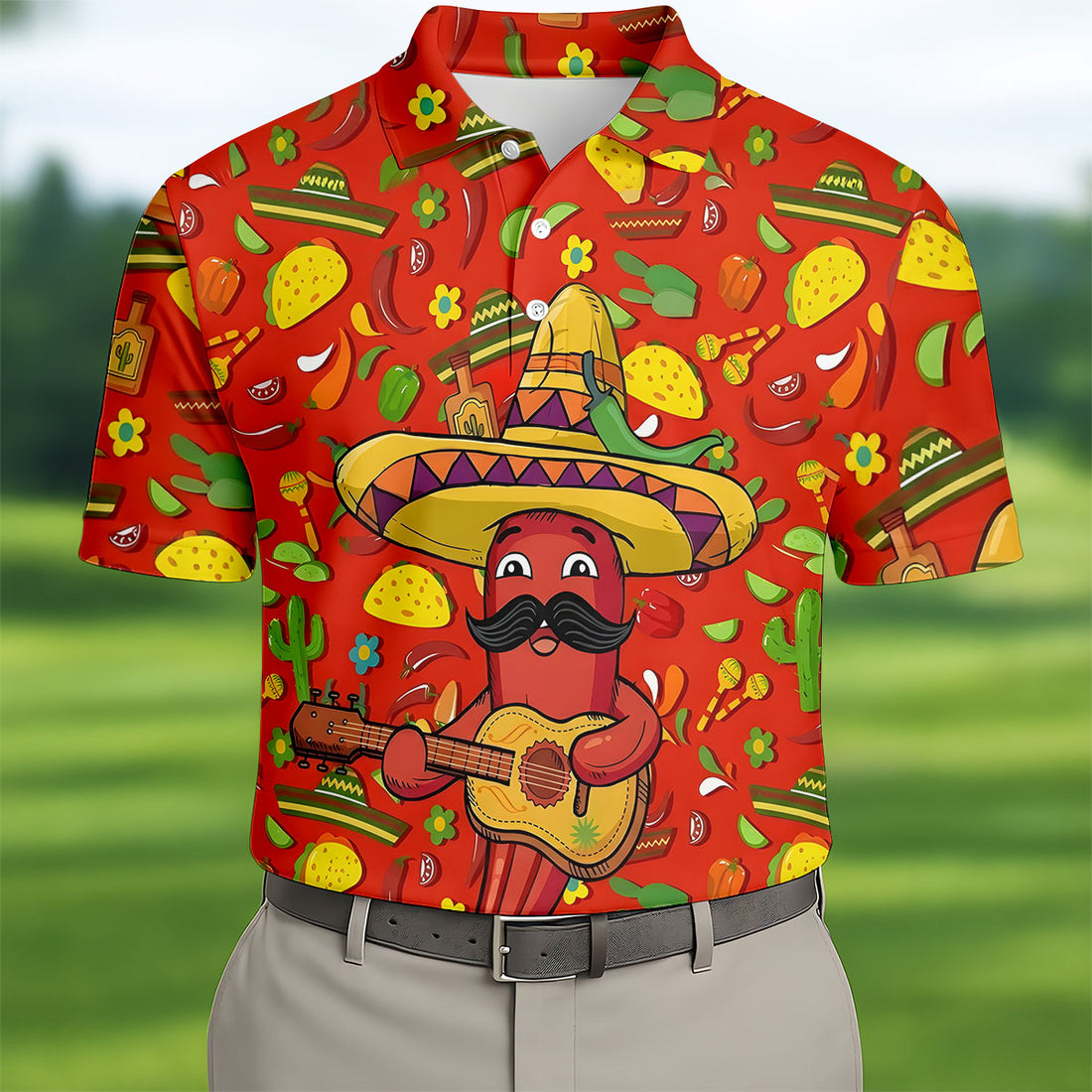 Cartoon Chili Pepper Mexican Guitar Cinco De Mayo Celebration Fiesta Themed Golf Shirts For Men