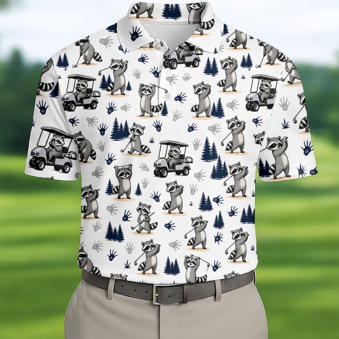 Funny Raccoon Golf Cart Pattern Polo Shirt, Men's Golf Shirt, Golf Apparel For Men