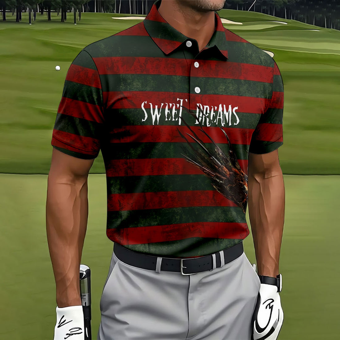 Sweet Dreams Horror Character Halloween Shirt, Mens Golf Shirts, Golf Apparel For Men