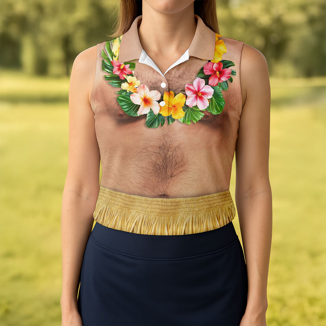 Floral Lei Tropical Theme Party Fun Women's Golf Shirts, Hawaiian Golf Shirt, Ladies Golf Polos