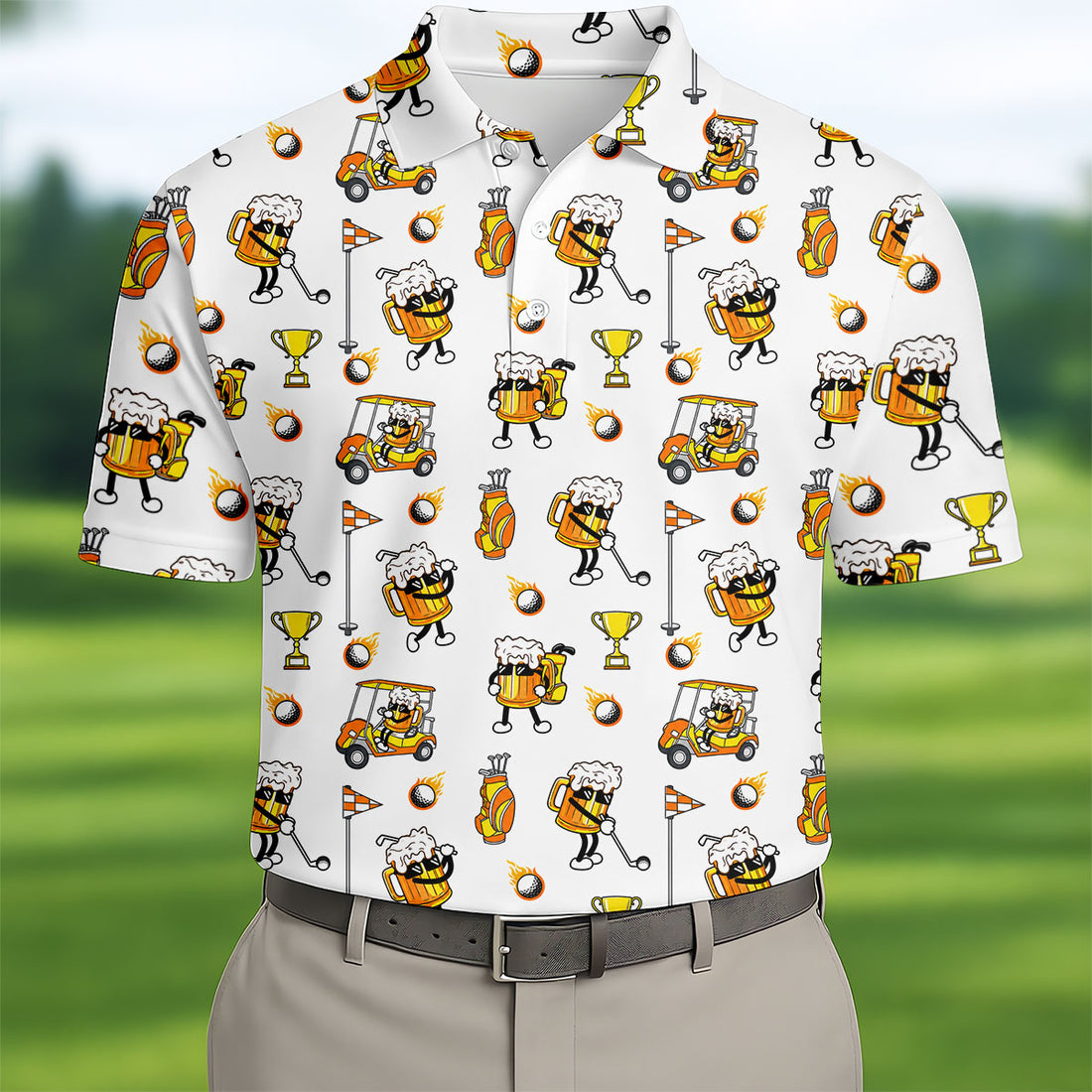 Funny Beer Mug Golfer Pattern Golf Polo Shirt, Mens Golf Polo, Golf Apparel For Men