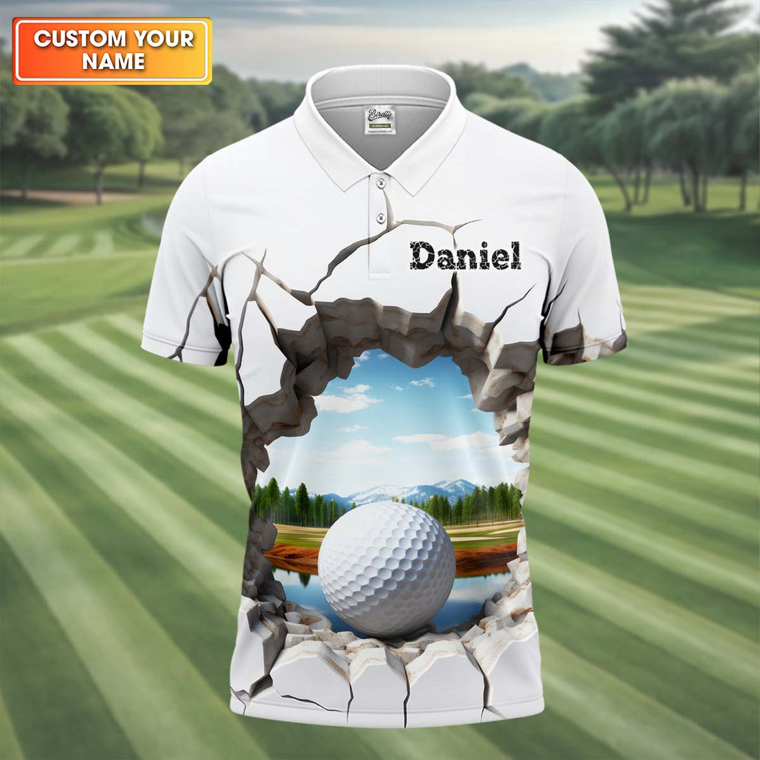 3D Golf Ball Lake Hole In A Wall Fun Men's Golf Polos, Unique Gift For Golfer, Mens White Polo