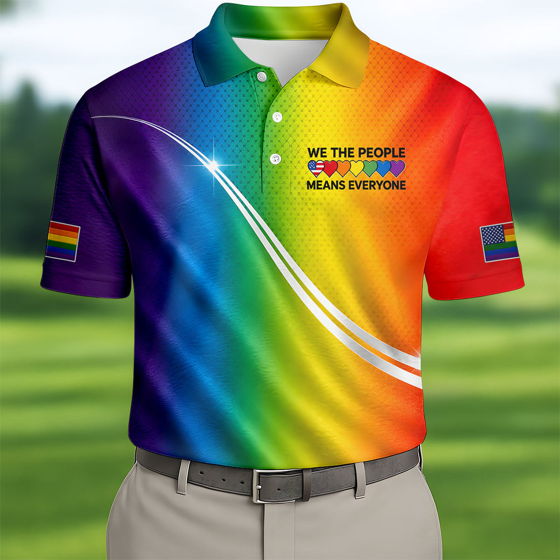 America 250 Men's Pride Golf Shirt, Rainbow Equality Polo Shirt, We The People Means Everyone Shirt