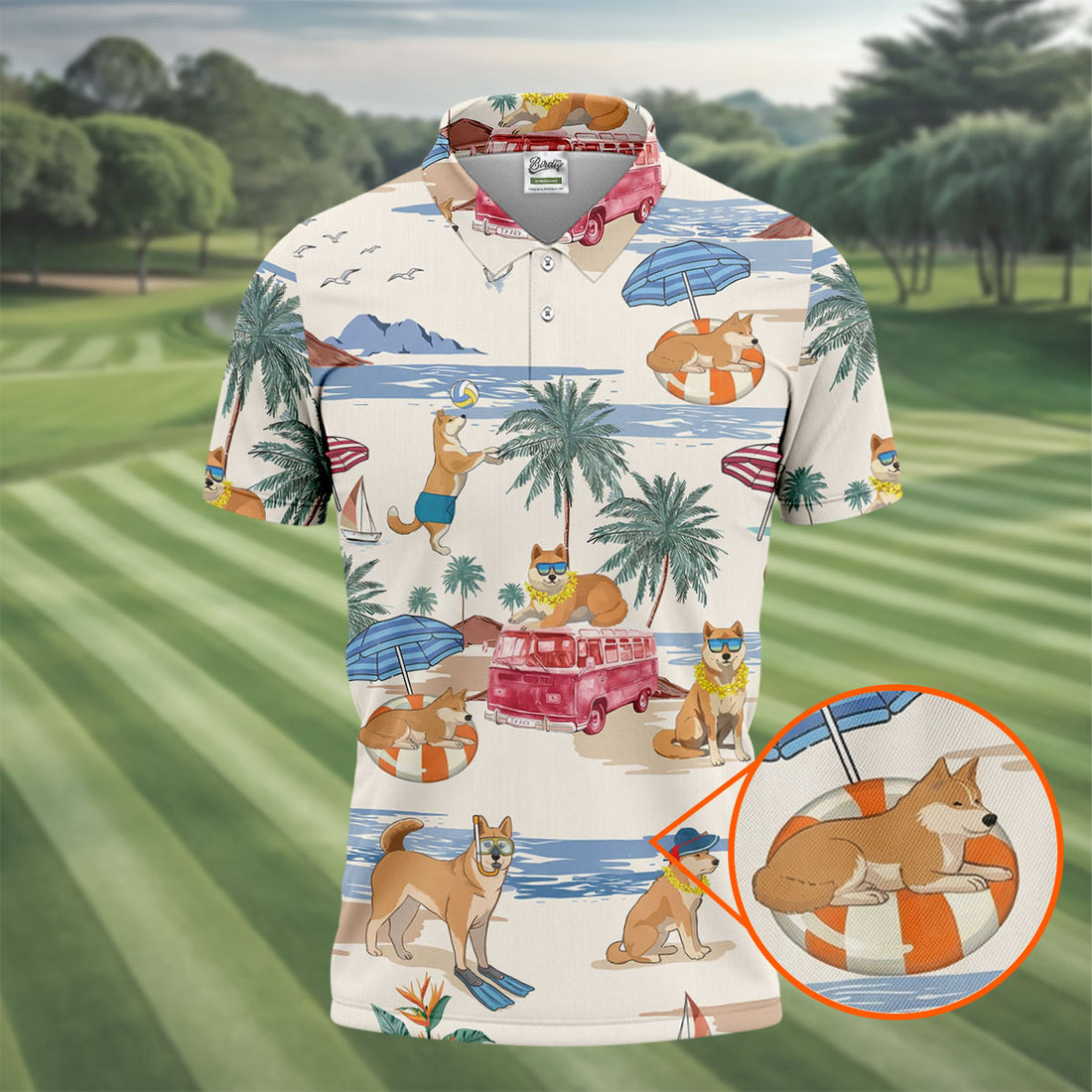 Tropical Shiba Inu Beach Pattern Hawaiian Golf Polo, Golf Tops For Women, Golfing Apparel