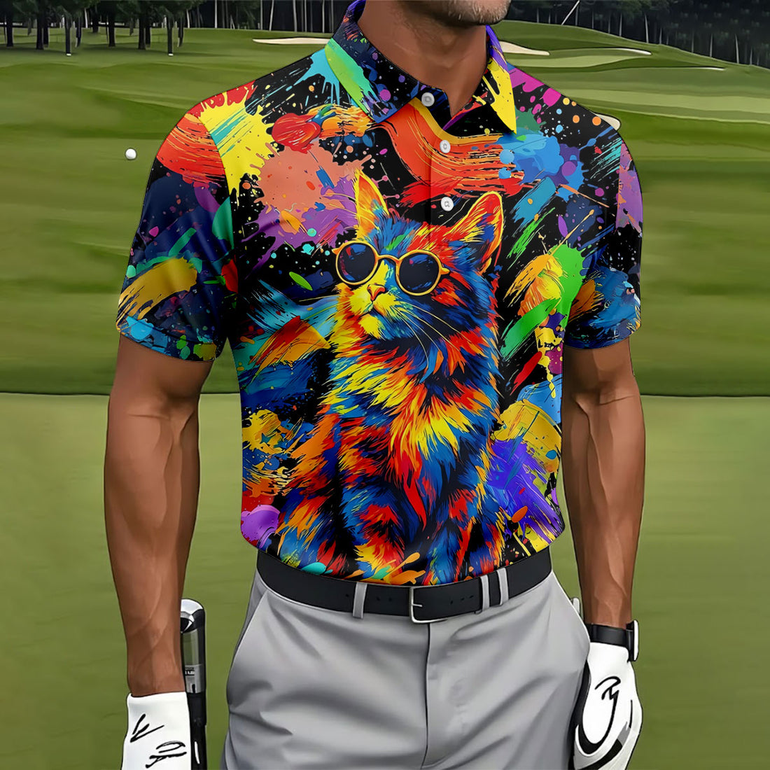Colorful Cat Sunglasses Paint Splash Golf Shirt, Men's Golf Shirt, Golf Apparel For Men