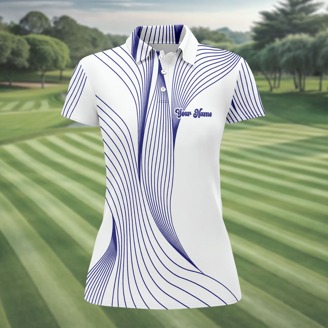 Geometric Line Wavy Line Purple And White Custom Name Women's Golf Tops, Ladies Golf Shirts, Women's Polo Shirt