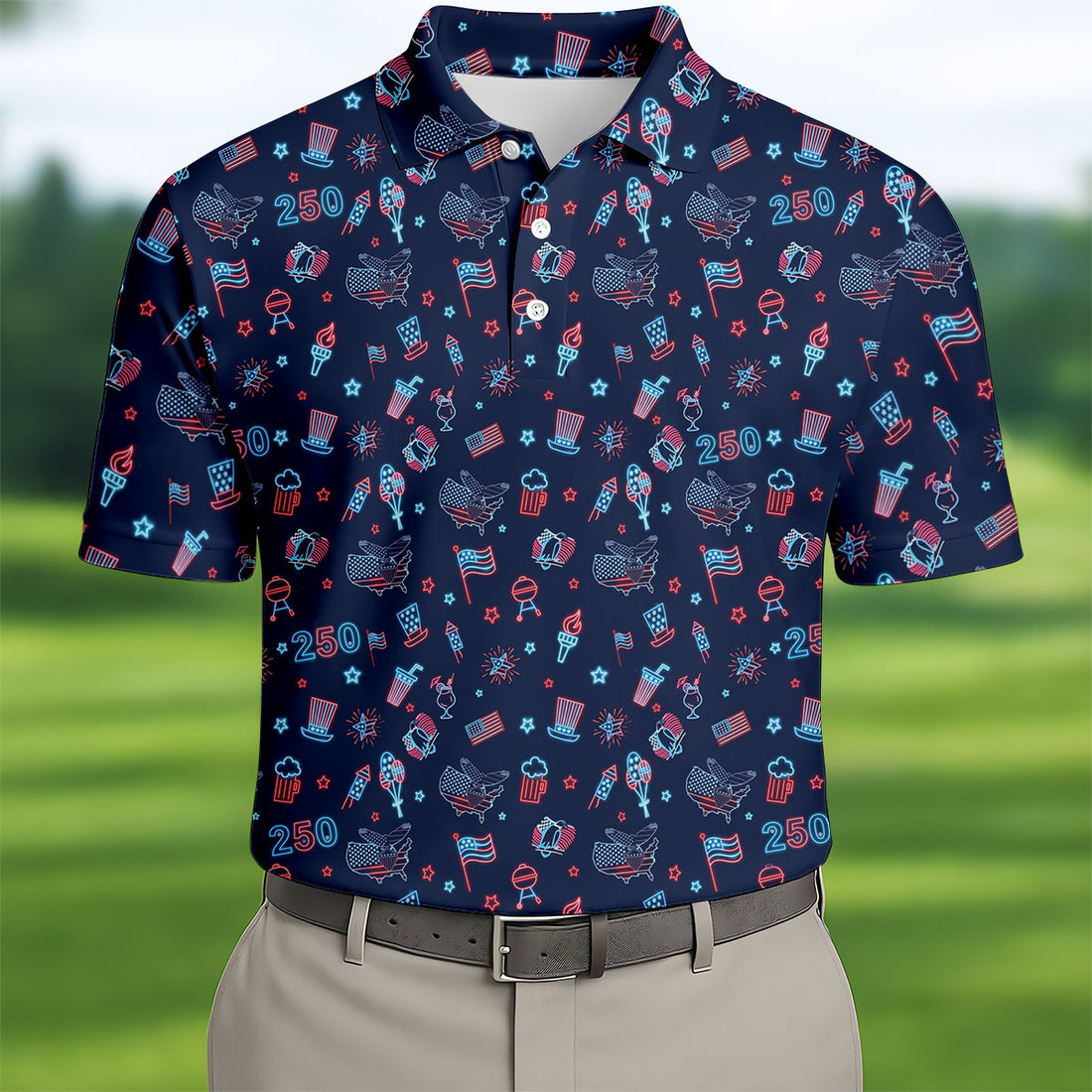 250th Anniversary Doodle Style Neon Pattern Golf Tops For Men, Patriotic 4th Of July Golf Shirts For Men