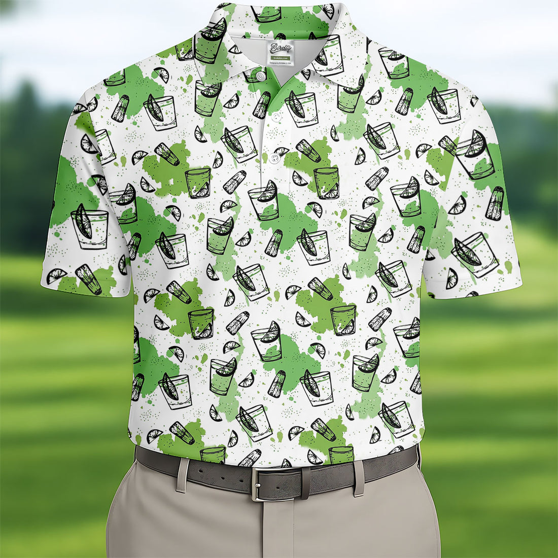 Green Cocktail Splash Pattern Golf Shirt, Mens Golf Shirts, Hawaiian Golf Shirt, Golf Polo Shirts For Men