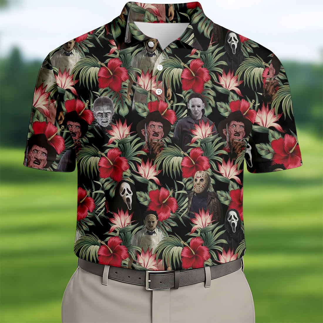 Halloween Tropical Horror Character Golf Shirt, Men's Golf Shirt, Hawaiian Golf Shirt