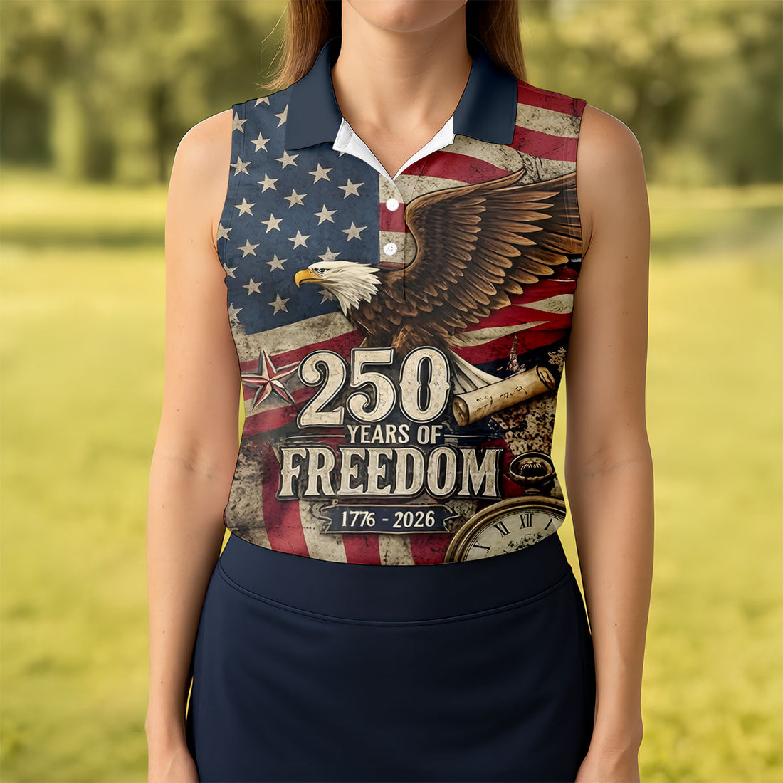 250 Years Of Freedom US Bald Eagle Retro US Flag Ladies Golf Tops, Patriotic 4th Of July Golf Shirt For Women