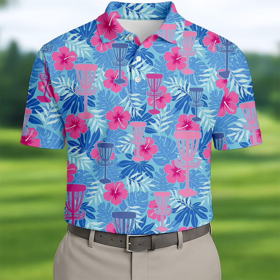 Blue Hibiscus Disc Golf Polo Shirt, Hawaiian Golf Shirt, Mens Golf Shirts