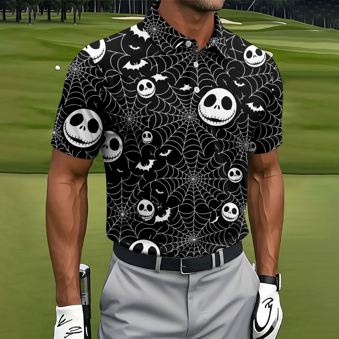 Black Horror Character Spider Web Pattern Halloween Shirt, Mens Golf Polo, Hawaiian Golf Shirt