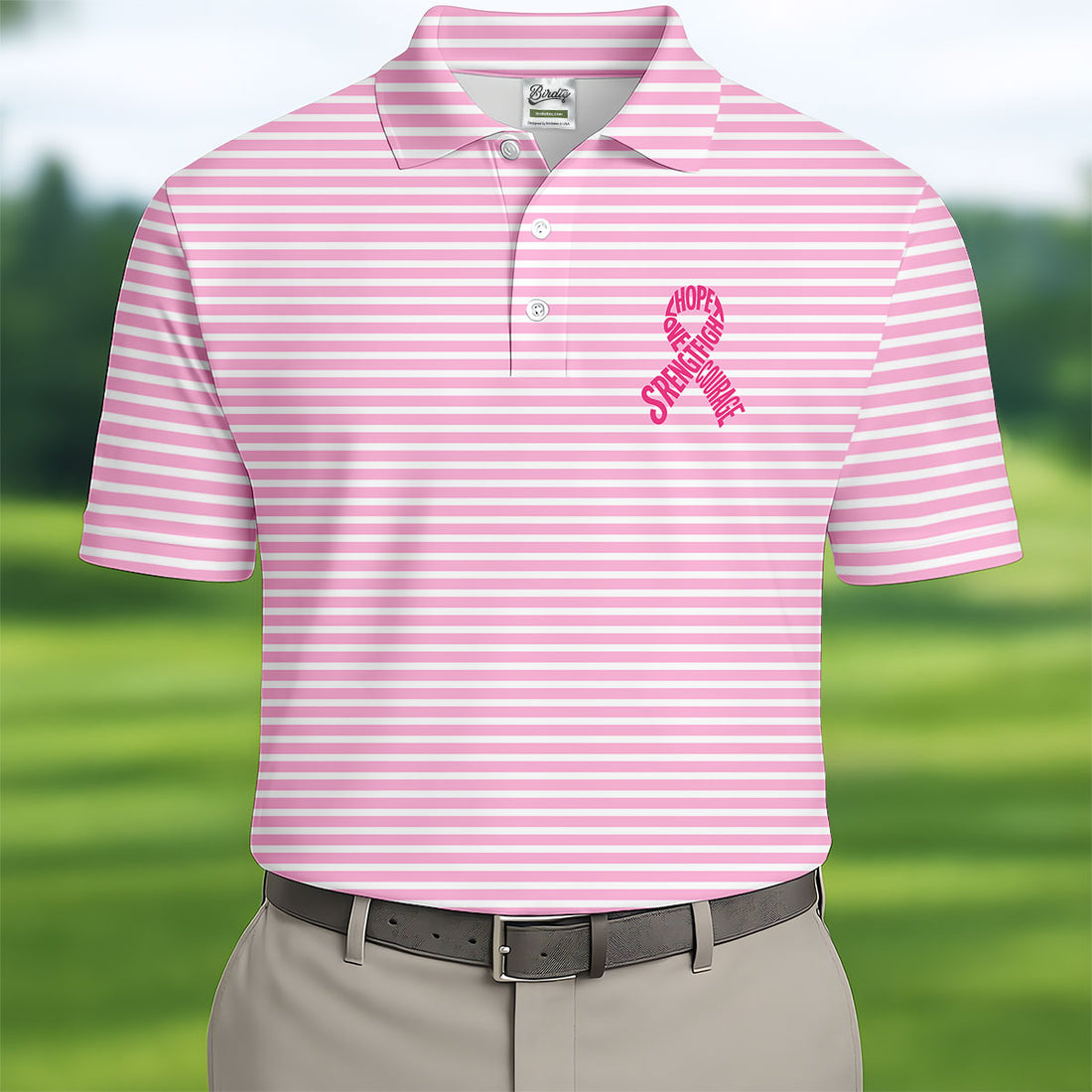 Hope Love Strength Courage Breast Cancer Polo Shirt, Mens Golf Polo, Golf Apparel For Men