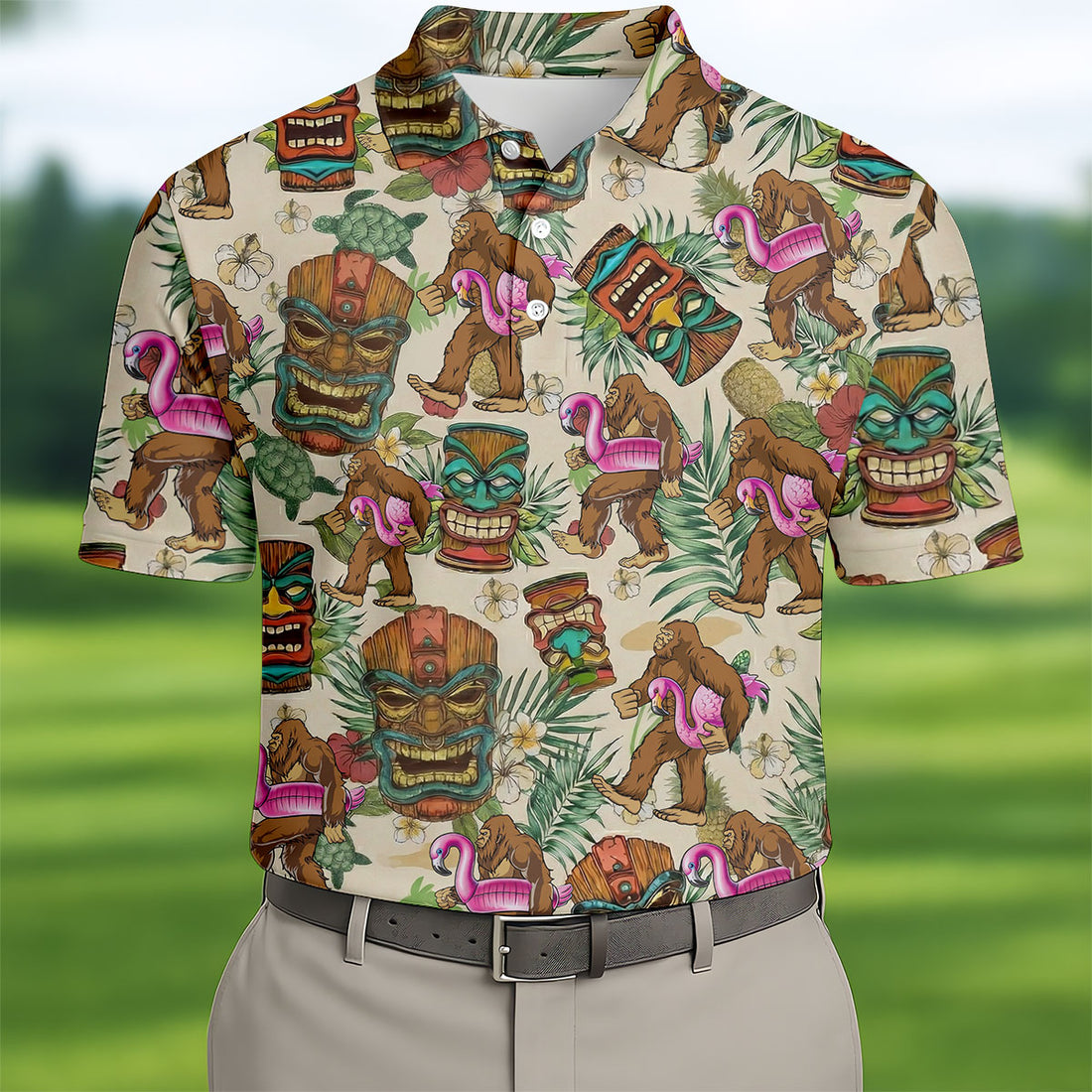 Tropical Bigfoot Adventure with Tiki Totems Design Hawaiian Golf Polo, Golf Tops For Men, Golfing Apparel