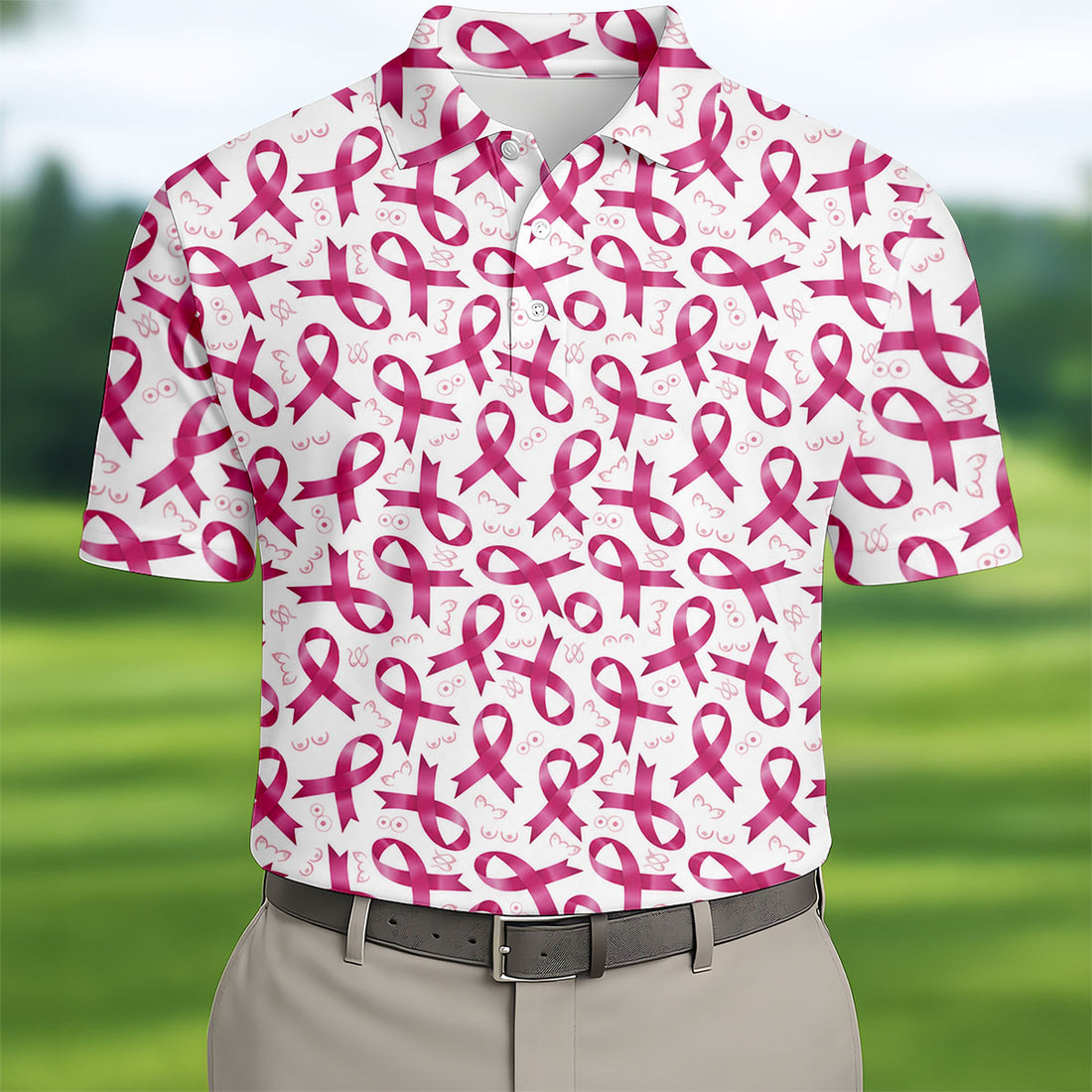 Glossy Pink Ribbon Breast Cancer Polo Shirt, Men's Golf Shirt, Mens Golf Apparel
