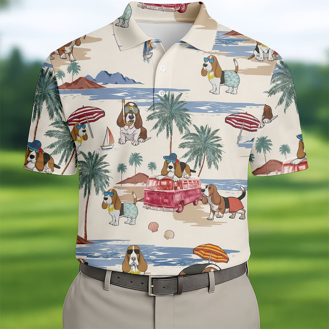 Summer Basset Hound Paradise Hawaiian Golf Polo, Golf Tops For Men, Golfing Apparel