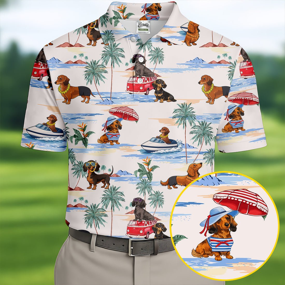 Tropical Dachshund Beach Pattern Hawaiian Golf Polo, Golf Tops For Men, Golfing Apparel