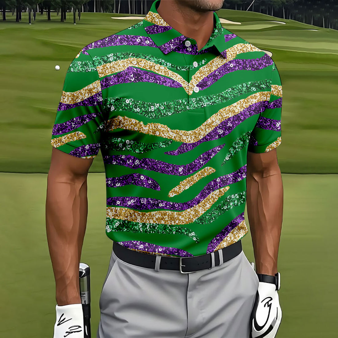 Purple Green Gold Sequin Pattern Green Golf Shirt, Mardi Gras Golf Shirt, Polo Shirts For Men