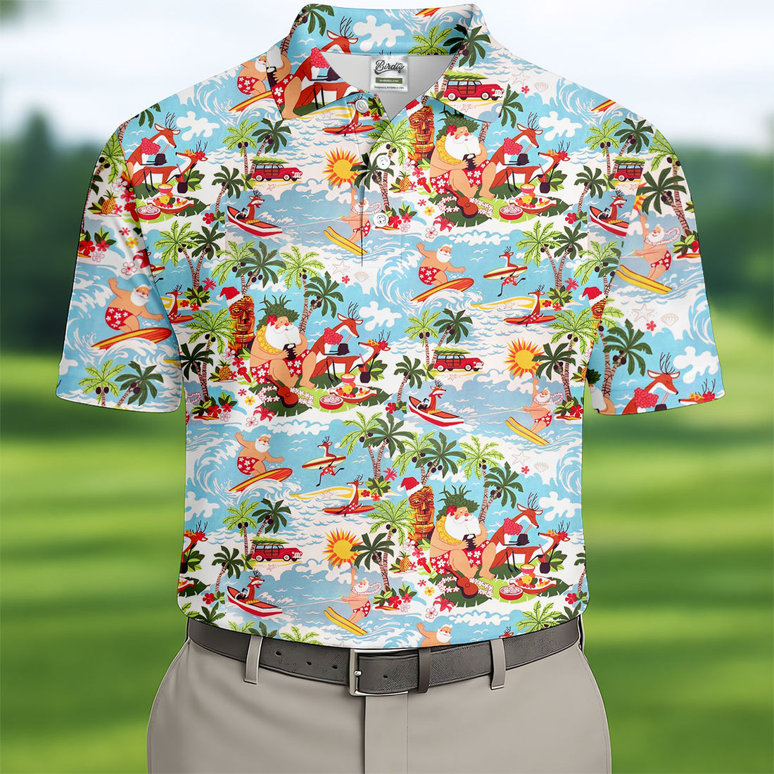 Surfing Santa Tropical Christmas Golf Shirt, Beach Reindeer Holiday Polo, Hawaiian Golf Shirt, Printed Golf Shirts