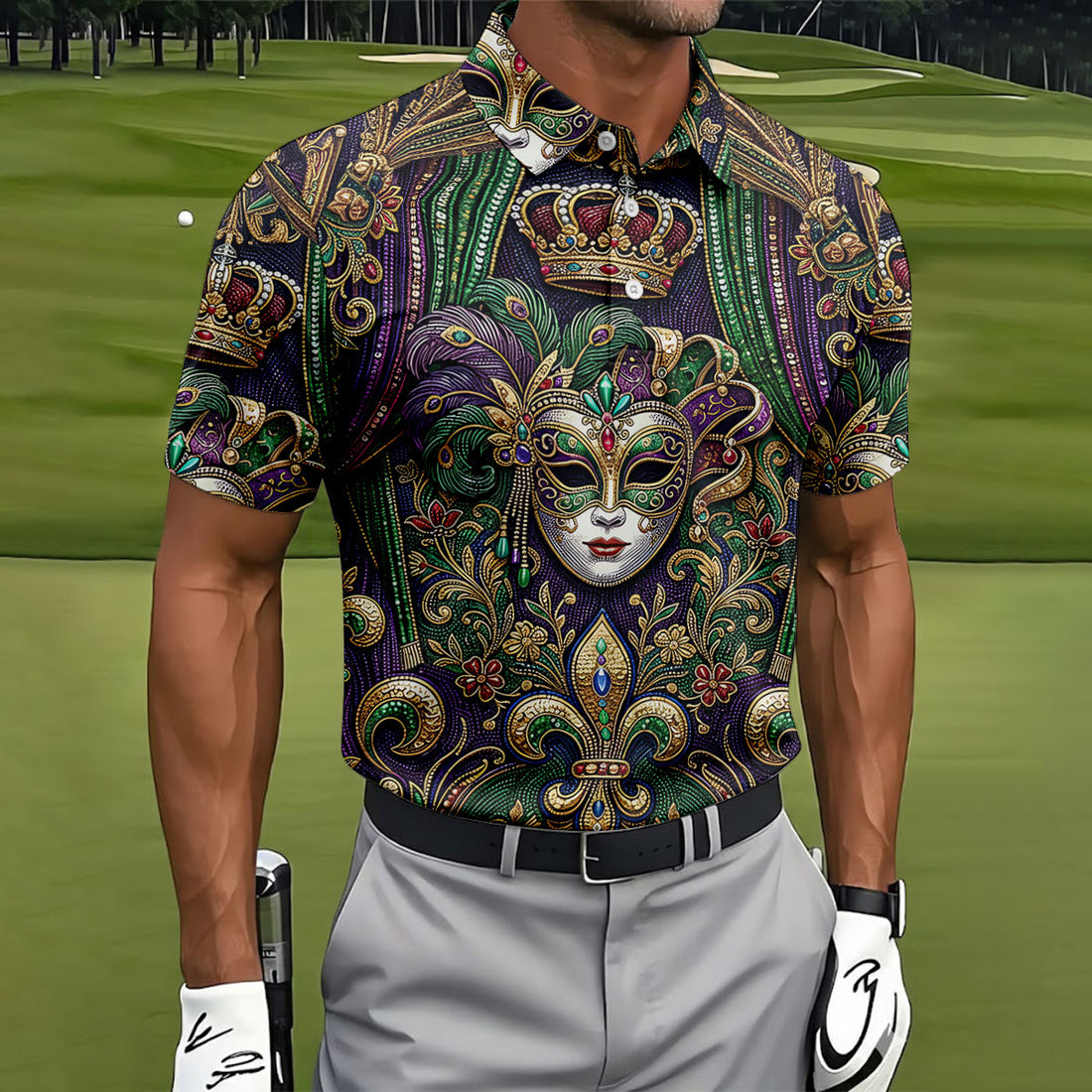 Fleur De Lis Floral Crown Mardi Gras Mask Print Men's Golf Polo Shirts, Golf Shirts For Men