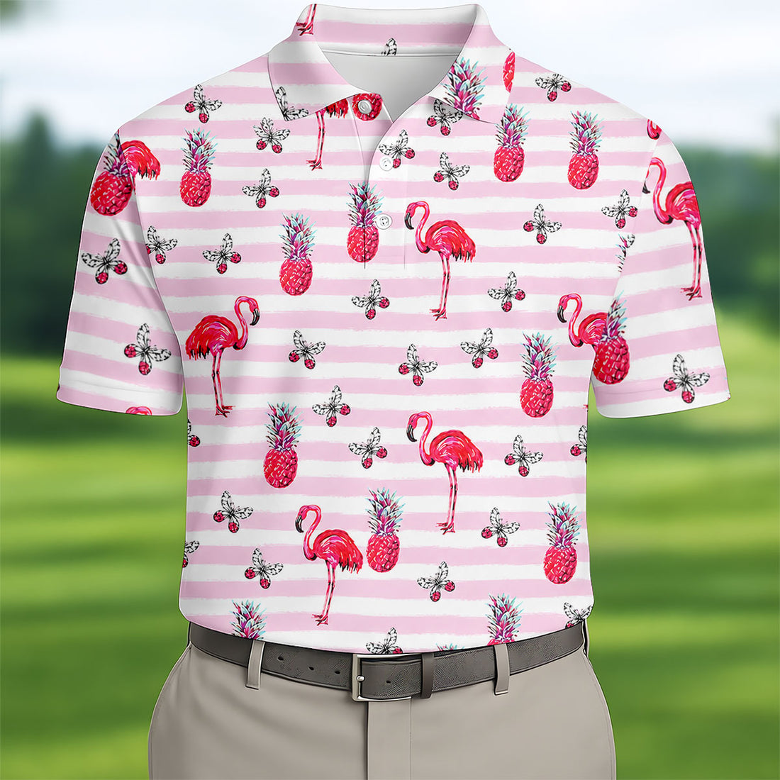 Pink Flamingo Pineapple Hawaiian Golf Polo Shirt, Polo Shirts For Men, Printed Golf Shirts