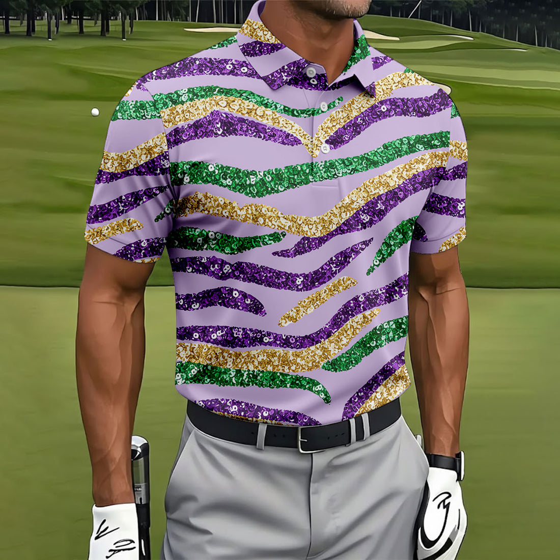 Purple Green Gold Sequin Pattern Light Purple Mardi Gras Golf Shirt, Polo Shirts For Men, Golf Shirts For Men