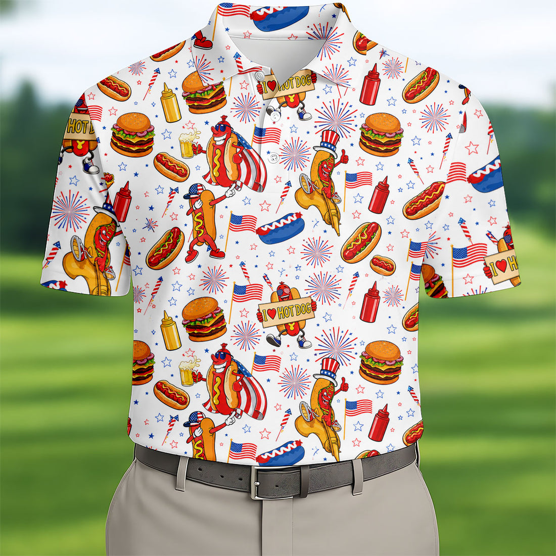 America 250 Years Patriotic Foodie Polo Shirt, Funny Hot Dog Burgers Fireworks Men's Golf Top, Custom 4th of July Sleeveless Apparel