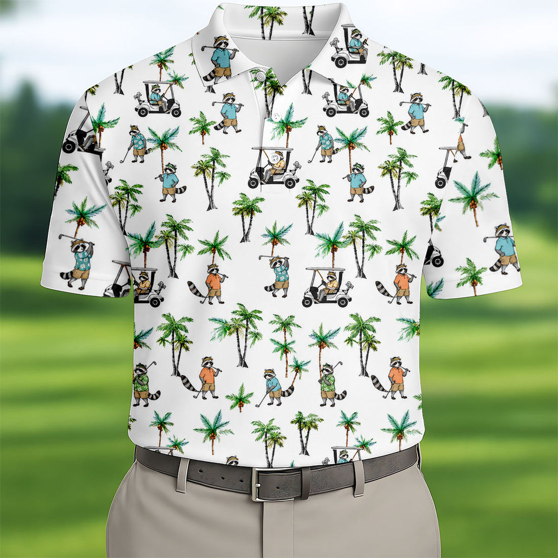 Funny Raccoon Tropical Golf Pattern Polo Shirt, Mens Golf Polo, Printed Golf Shirts