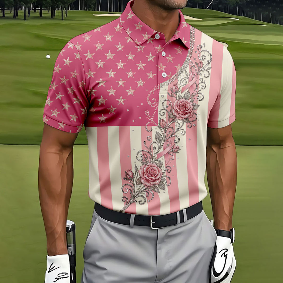 Pink Stars Stripes Rose Breast Cancer Polo Shirt, Men's Golf Shirt, Mens Golf Polo