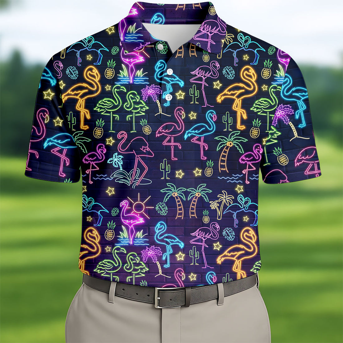 Neon Flamingo Tropical Night Golf Shirt, Golf Polo Shirts For Men, Hawaiian Golf Shirt, Mens Golf Apparel