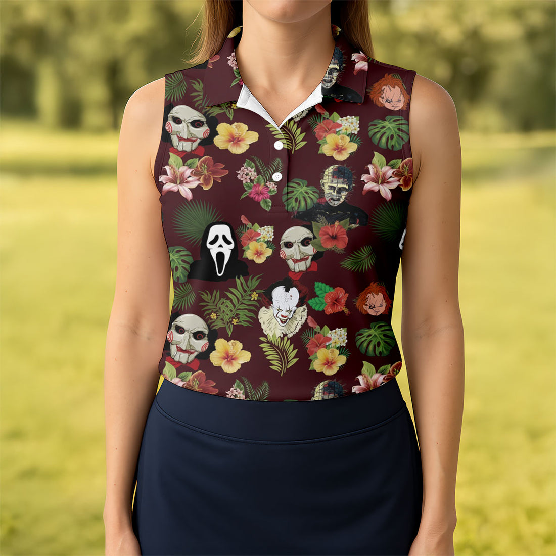 Floral Halloween Horror Character Hawaiian Golf Shirt, Women's Golf Tops, Golf Shirts For Women