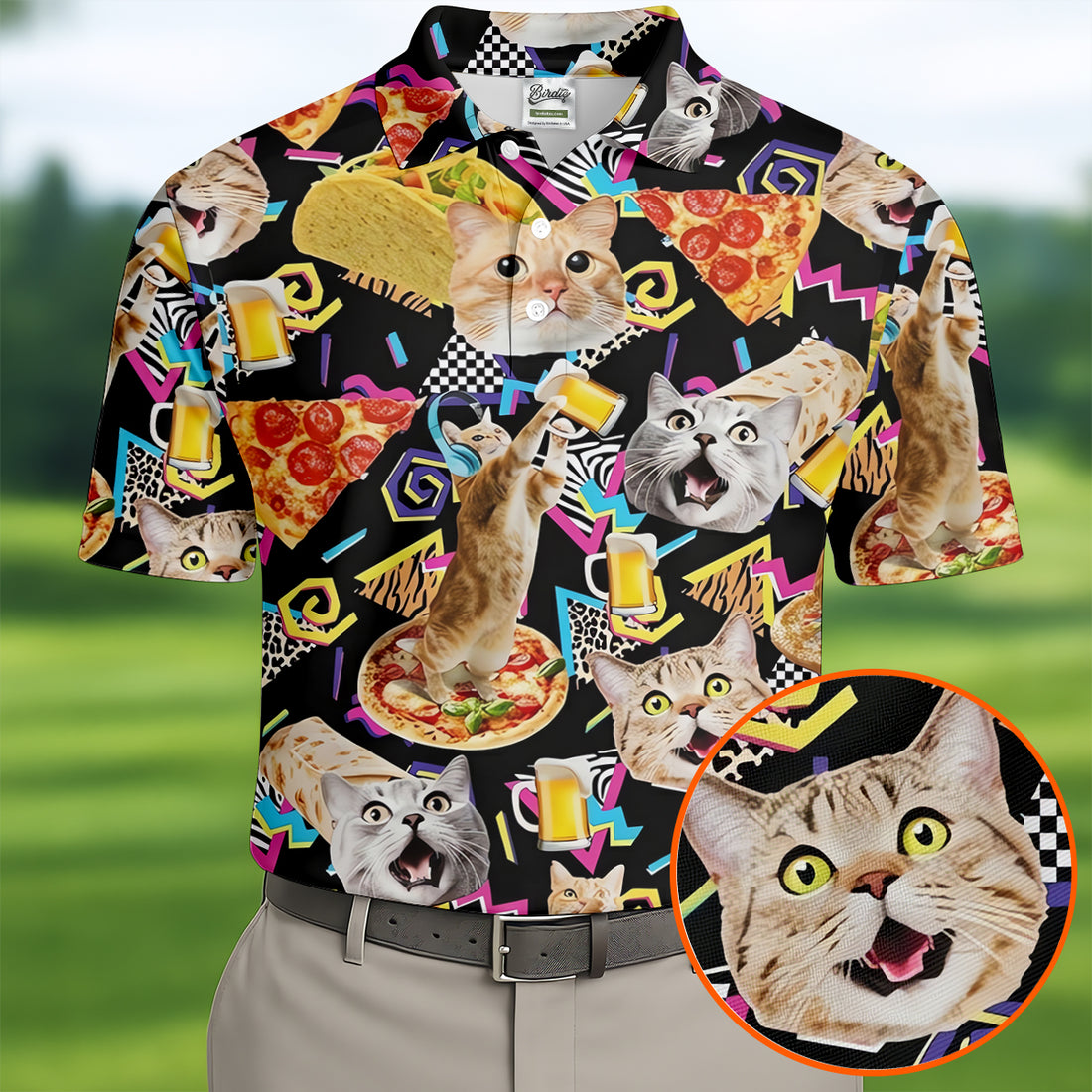Retro Memphis Cats Enjoying Pizza, Beer Design Design Design Hawaiian Golf Polo, Golf Tops For Men, Golfing Apparel