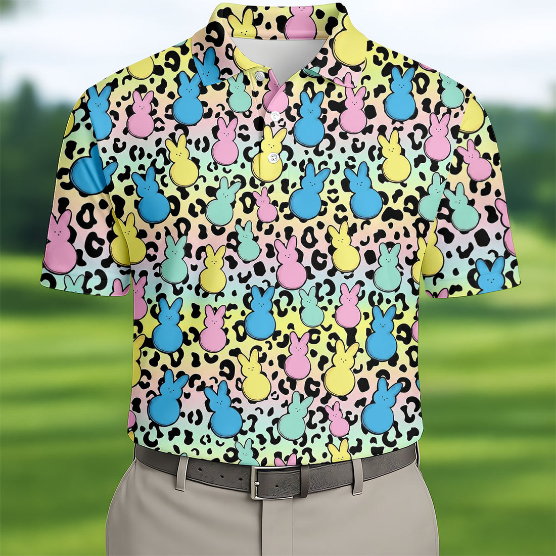 Pastel Easter Bunny Leopard Print Polo Shirt, Mens Golf Apparel, Hawaiian Golf Shirt, Printed Golf Shirts