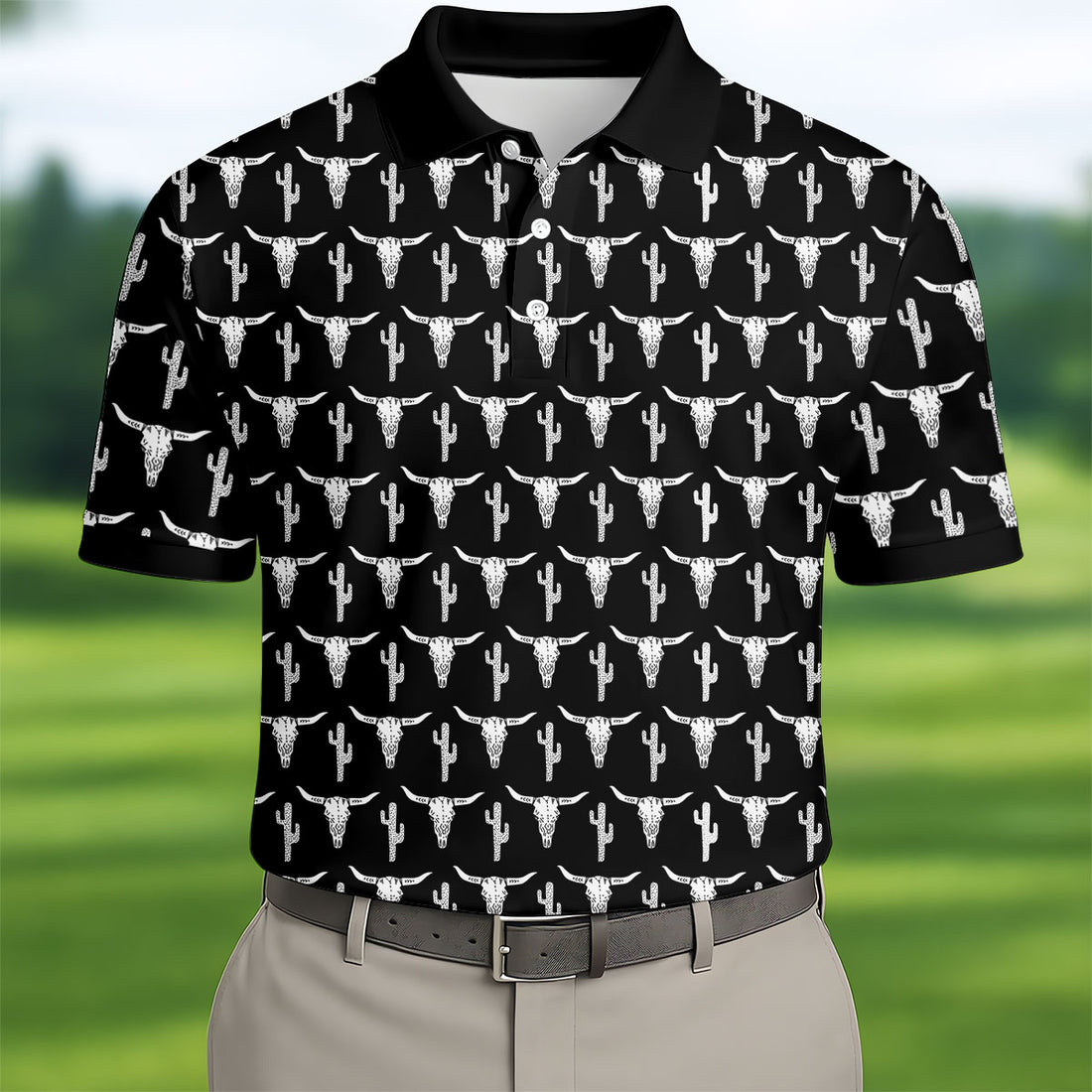 Longhorn Cow Skull Western Theme Black Golf Tops For Men, Polo Shirts For Men, Golf Shirts For Men